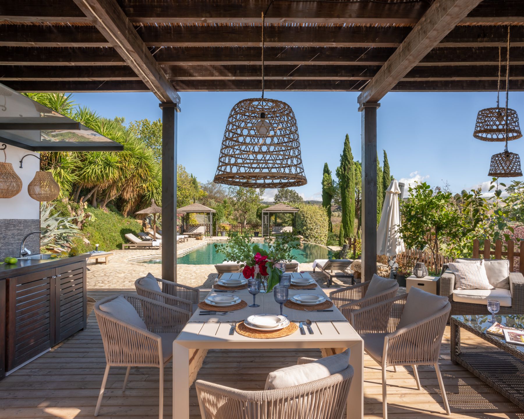 Pergola and pool at Finca Flores, Andalucia