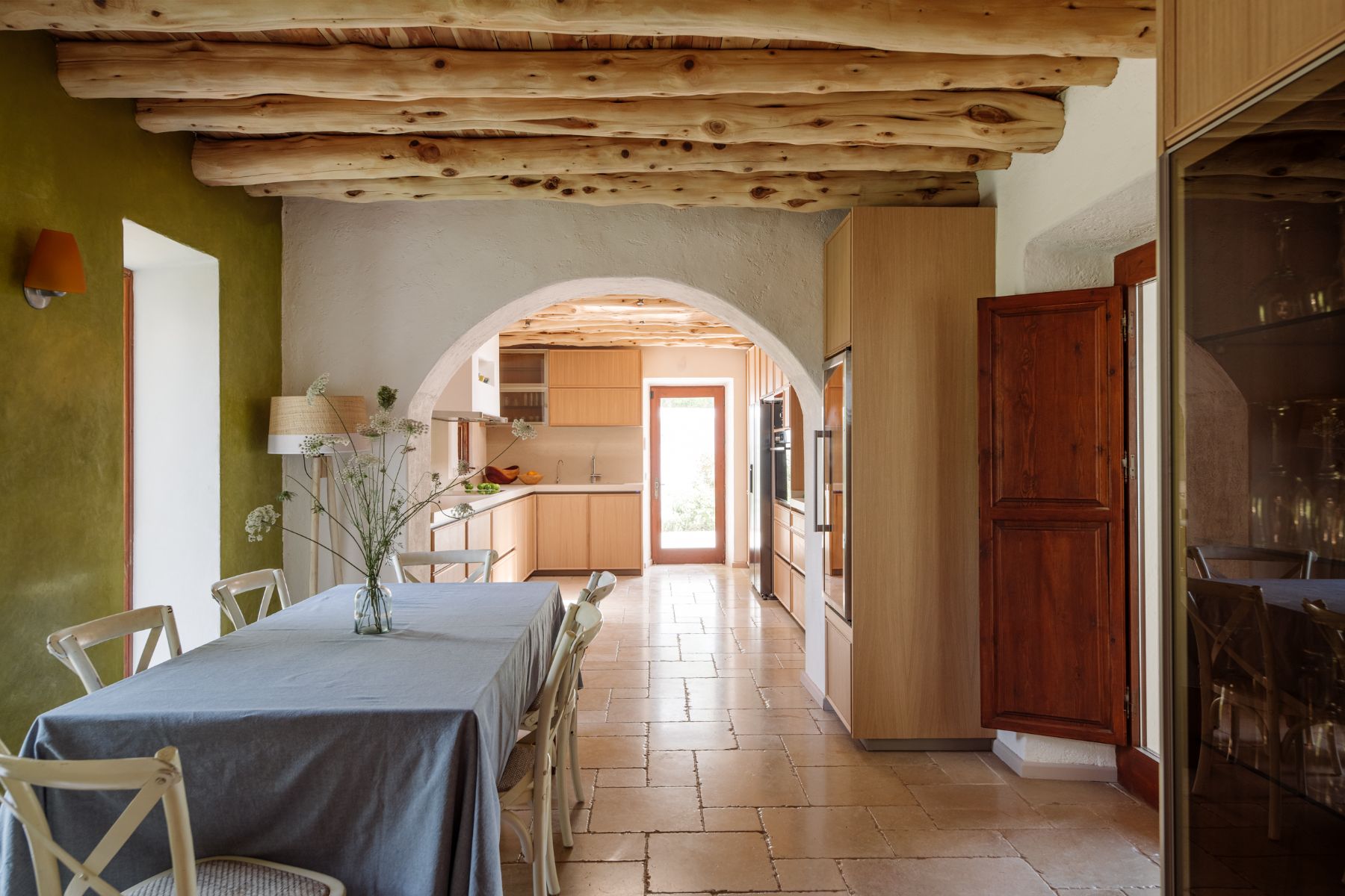 Kitchen and dining table at Casa Sabena, Ibiza