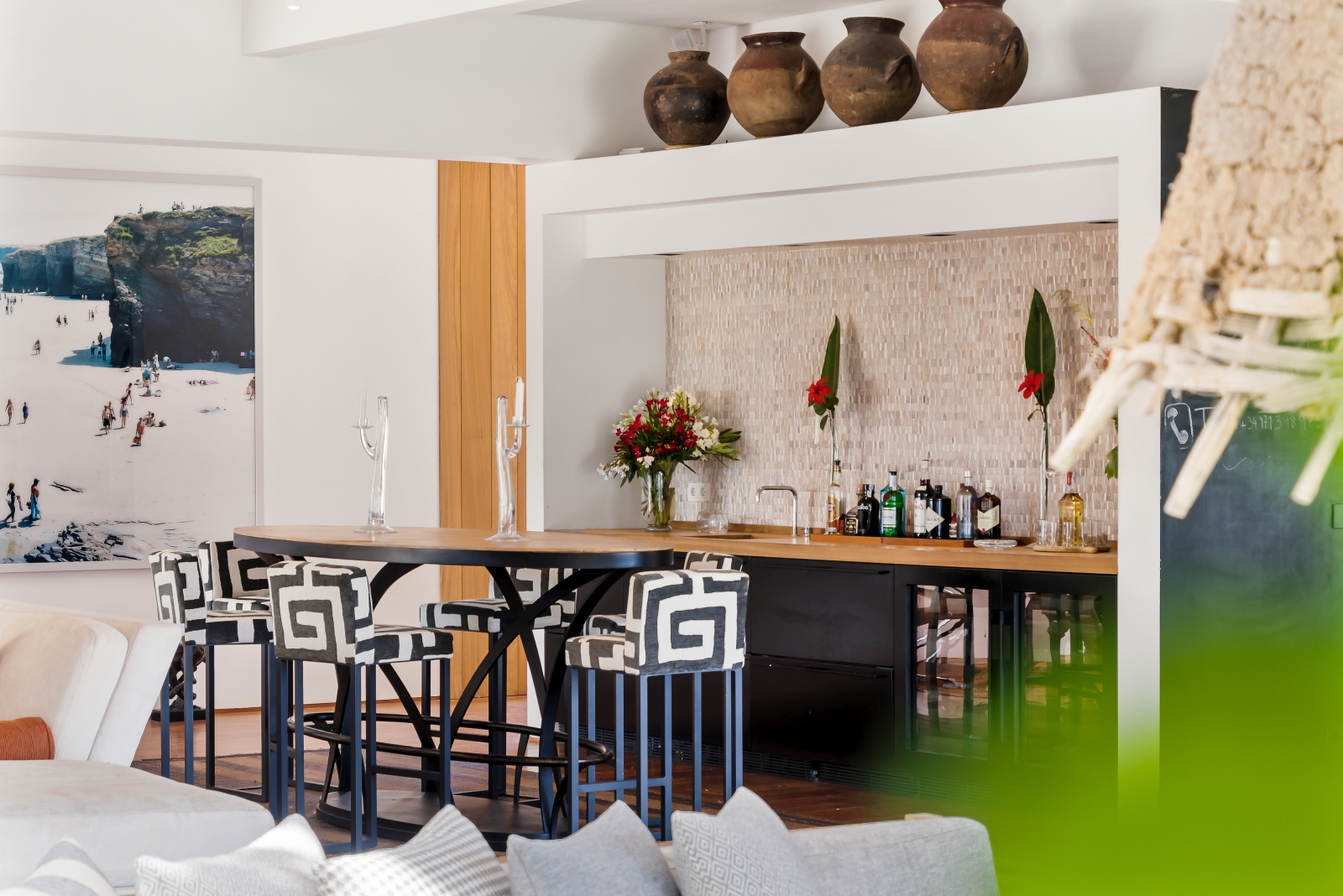 African-style bar seating at the indoor bar