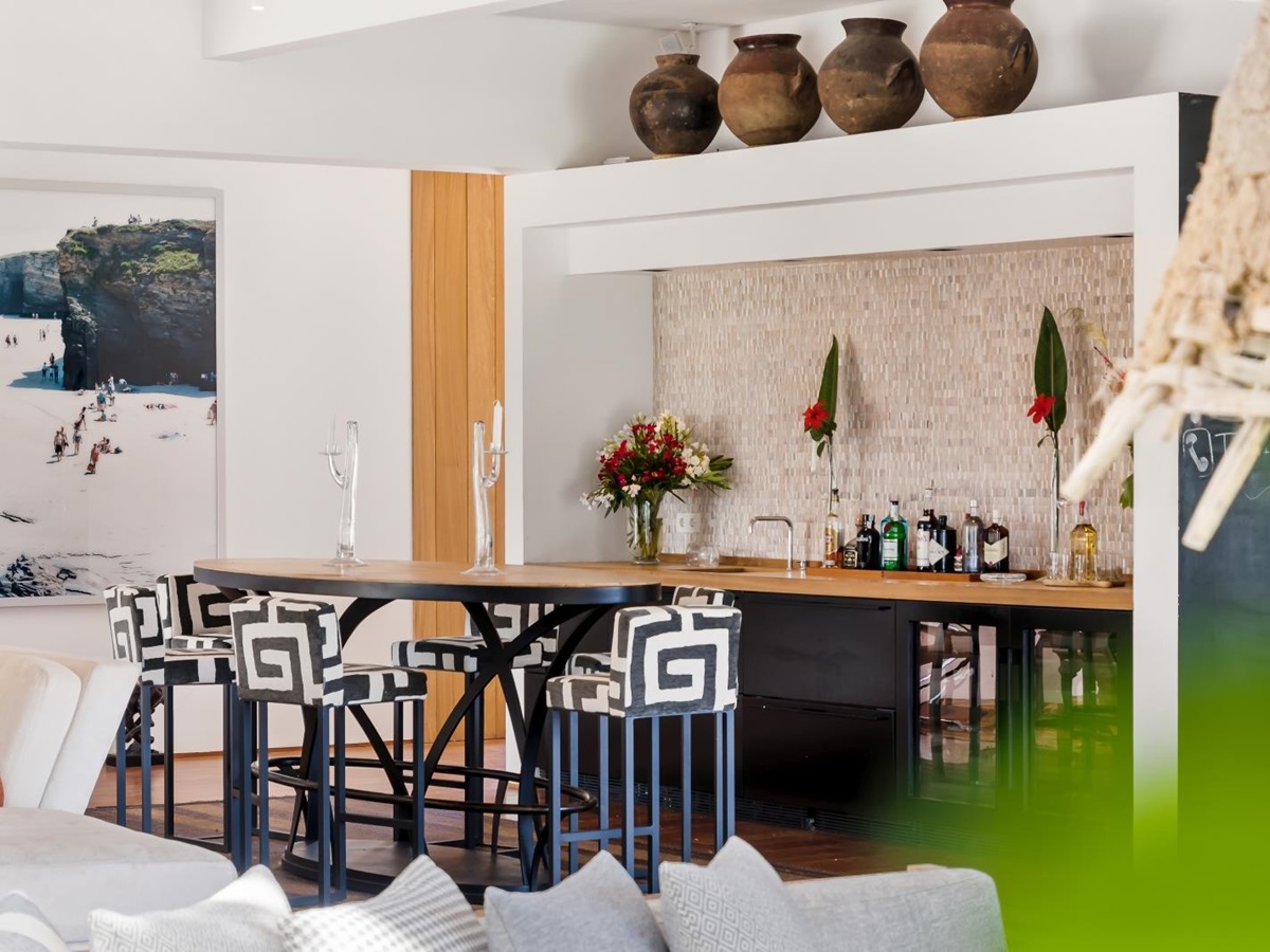 African-style bar seating at the indoor bar