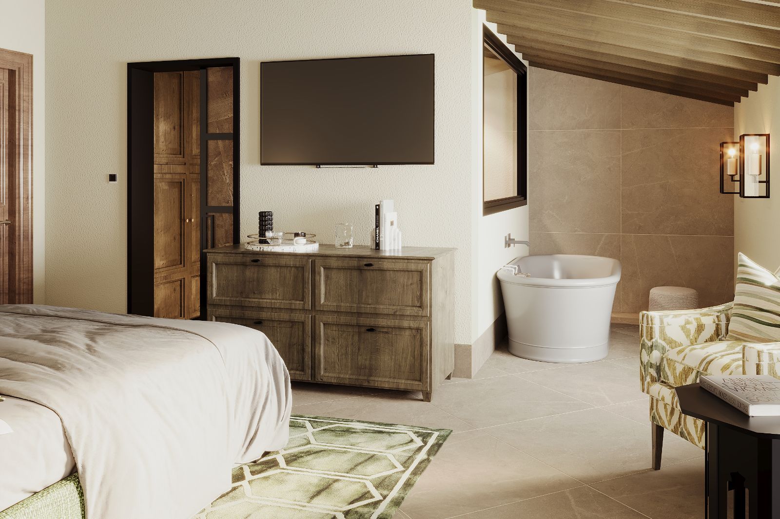 Bath tub and guest suite at Son Bunyola in Mallorca, Spain