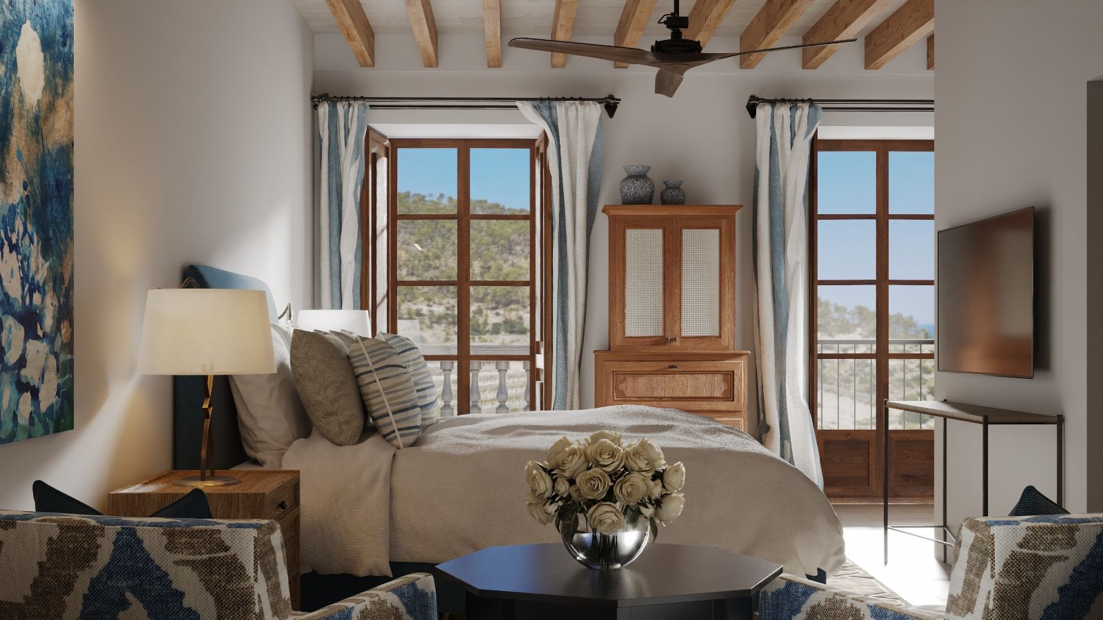 Double guest suite bedroom at Son Bunyola on the Balearic Island of Mallorca in Spain