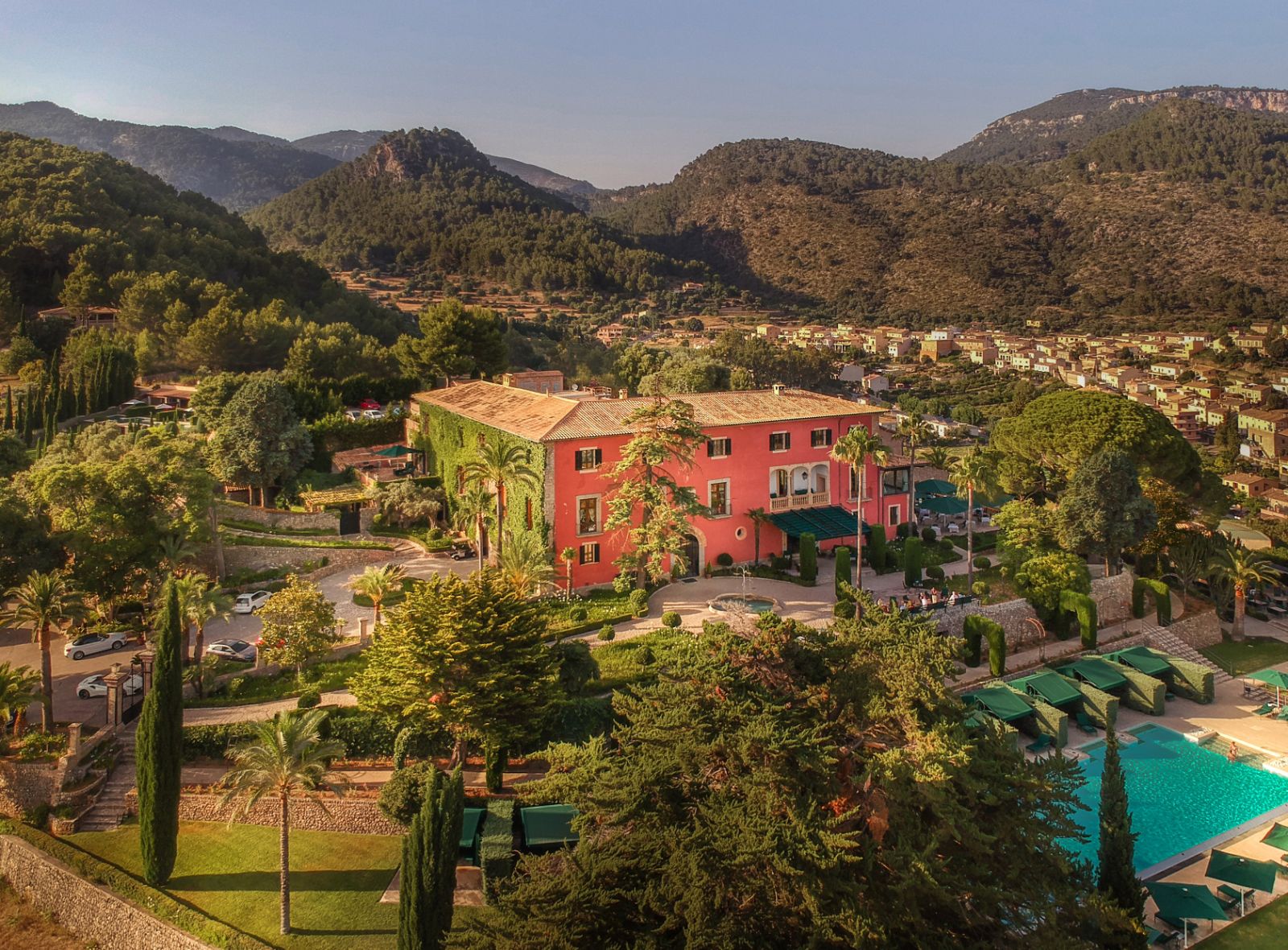 Aerial view of Son Net house and pool in the Puigpunyent region of Mallorca, Spain