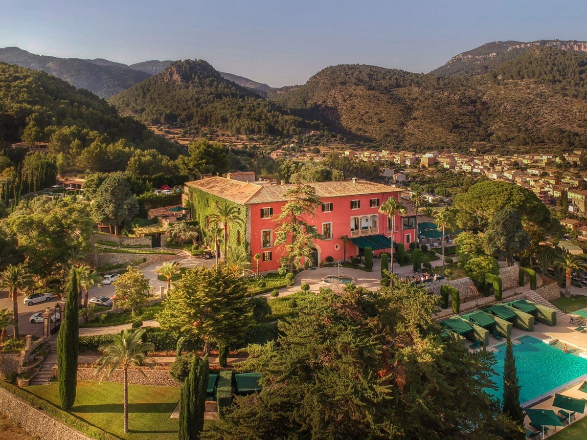 Aerial view of Son Net house and pool in the Puigpunyent region of Mallorca, Spain