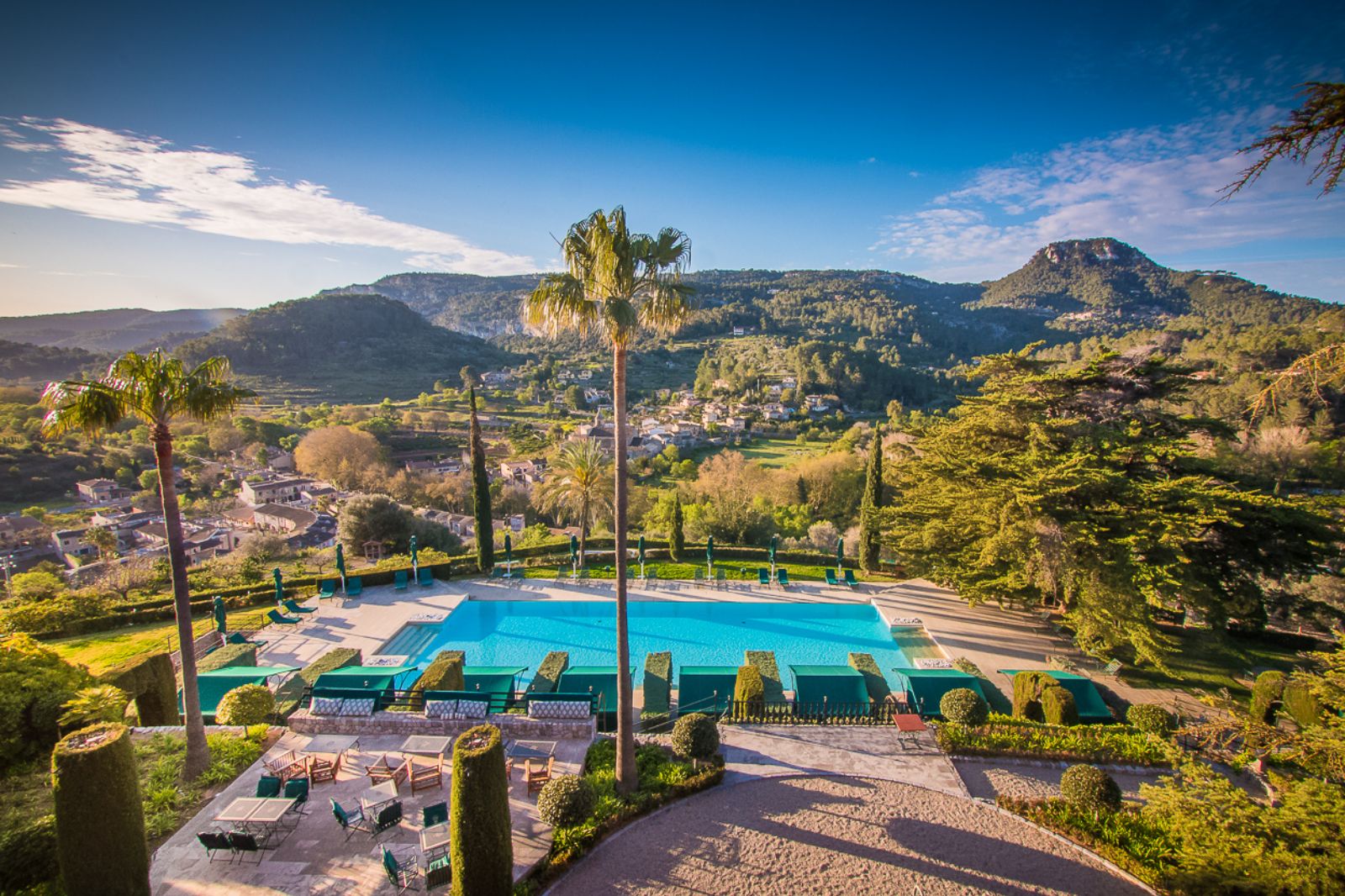 Main pool aerial view at Son Net in the Puigpunyent region of Mallorca, Spain