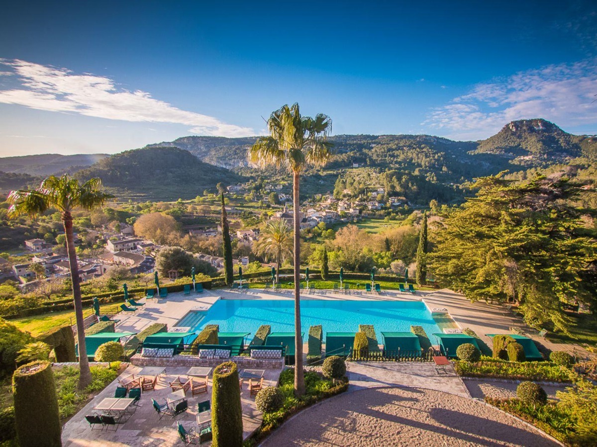 Main pool aerial view at Son Net in the Puigpunyent region of Mallorca, Spain