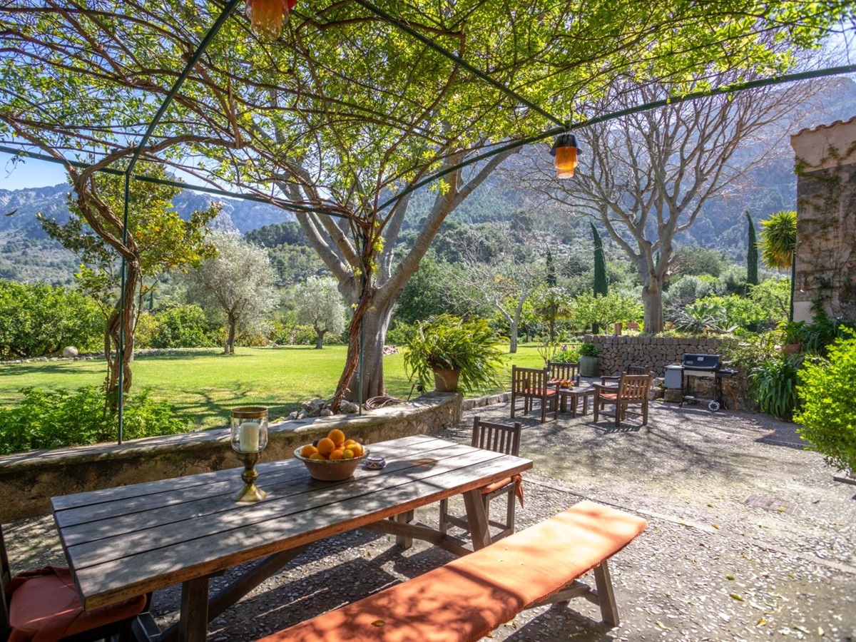 Outdoor dining area with tables, chairs, oranges, arbour and view of garden and mountains at Can Canals in Mallorca, Spain