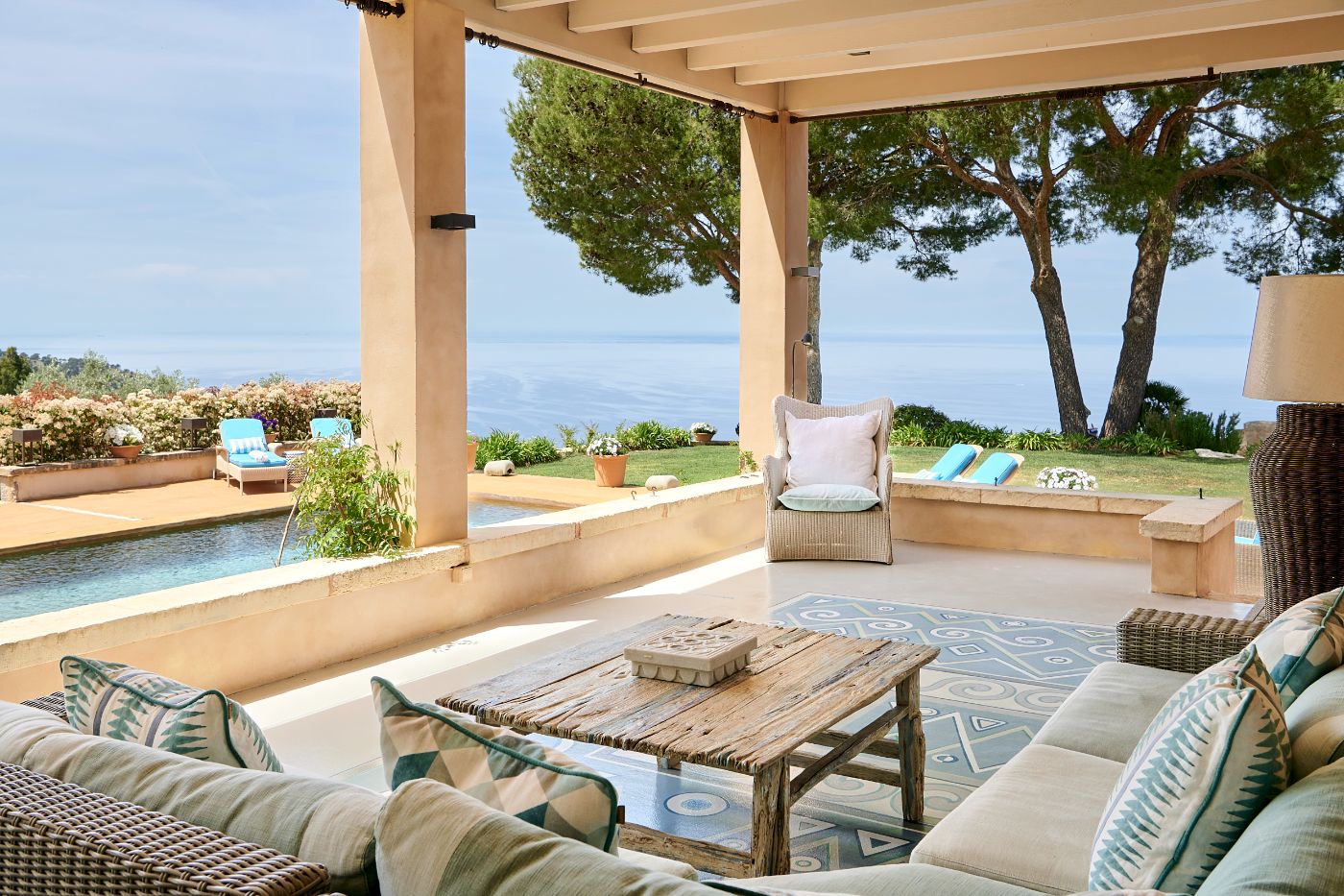 Outdoor terrace with seating at Casa Azul
