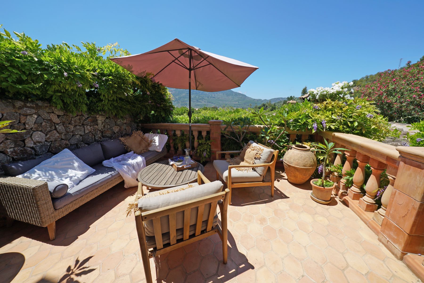 Terrace with mountain views at Casa Serenidad, Mallorca