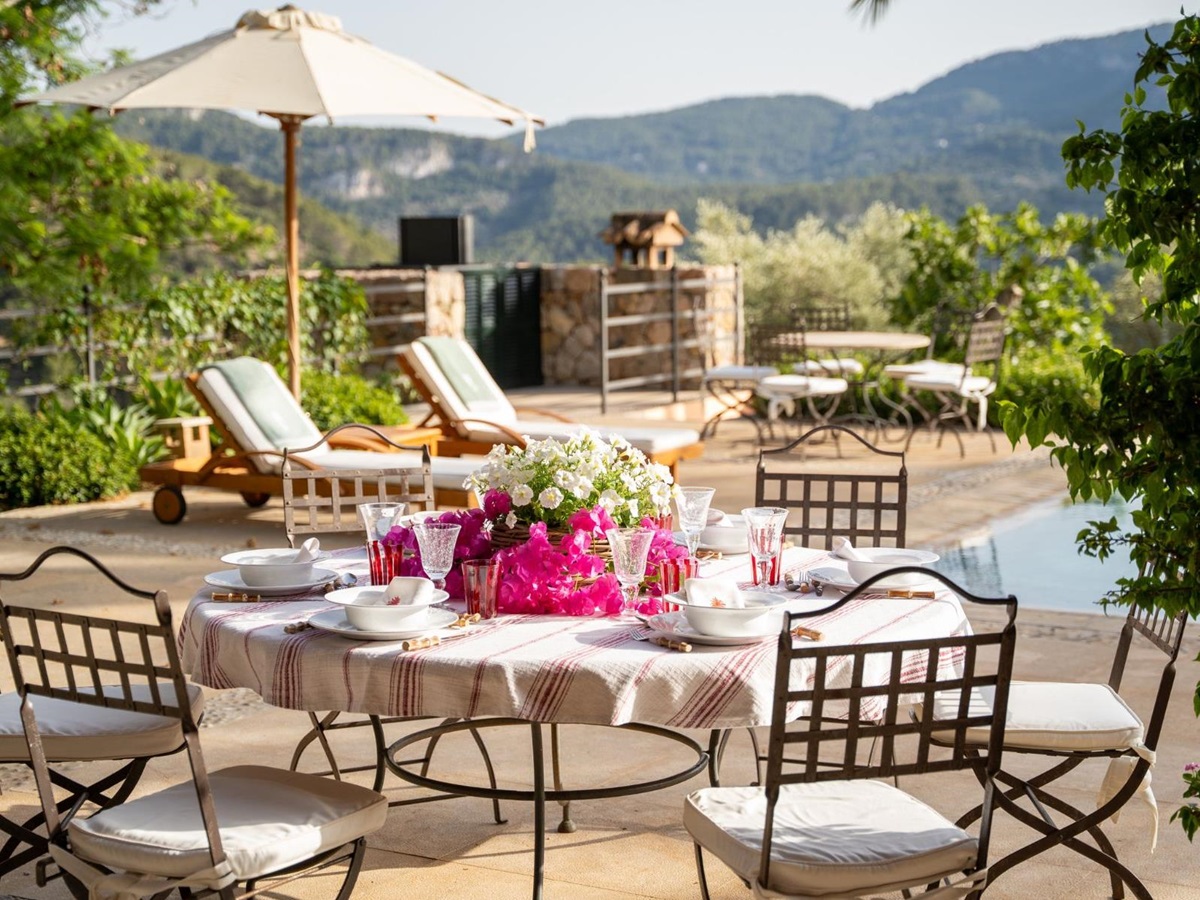 Dining table on pool terrace at Finca Olivera, Mallorca
