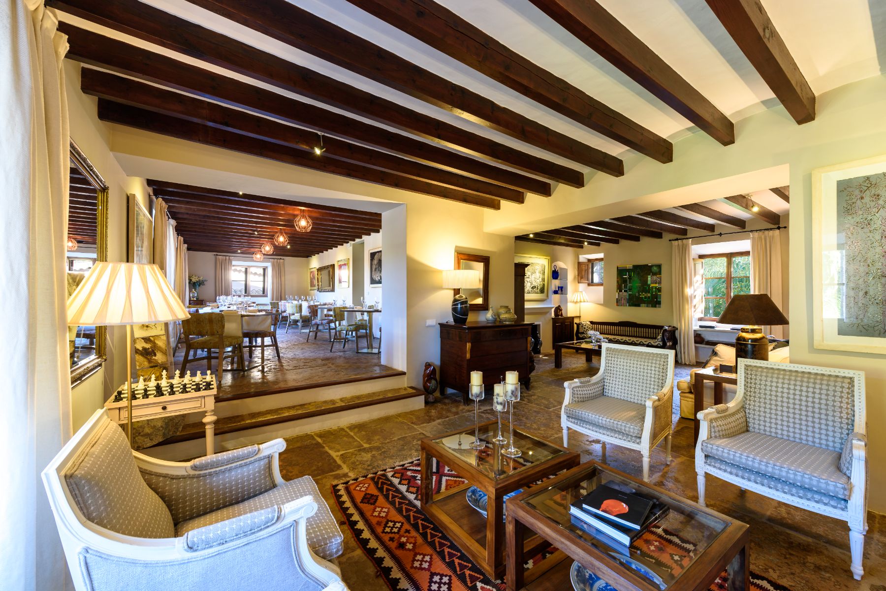Living area and dining table at Finca Paraiso, Mallorca