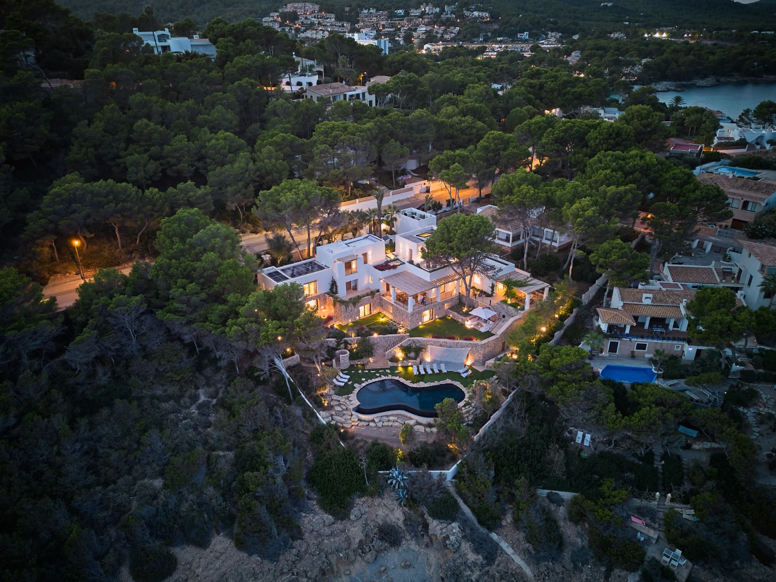 Evening aerial view of Sa Font, a luxury villa in Mallorca