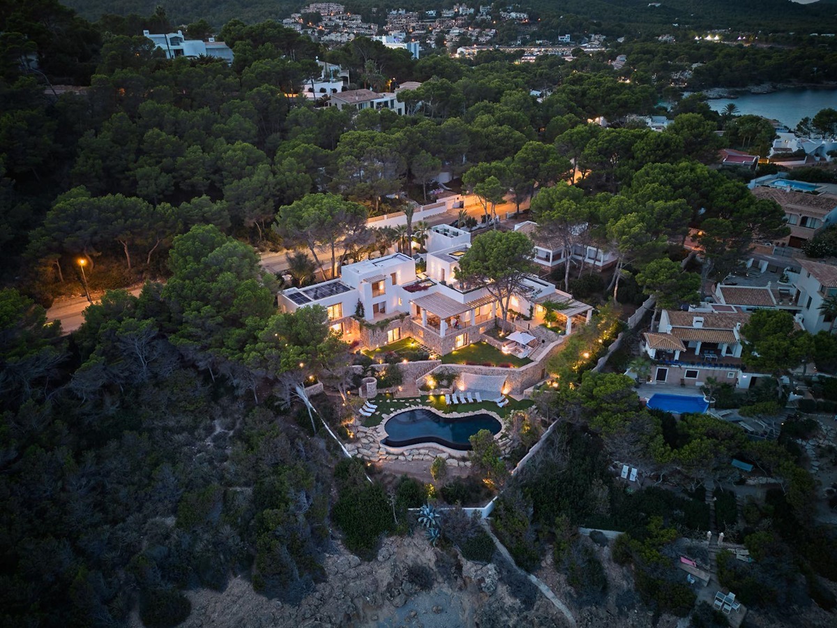 Evening aerial view of Sa Font, a luxury villa in Mallorca