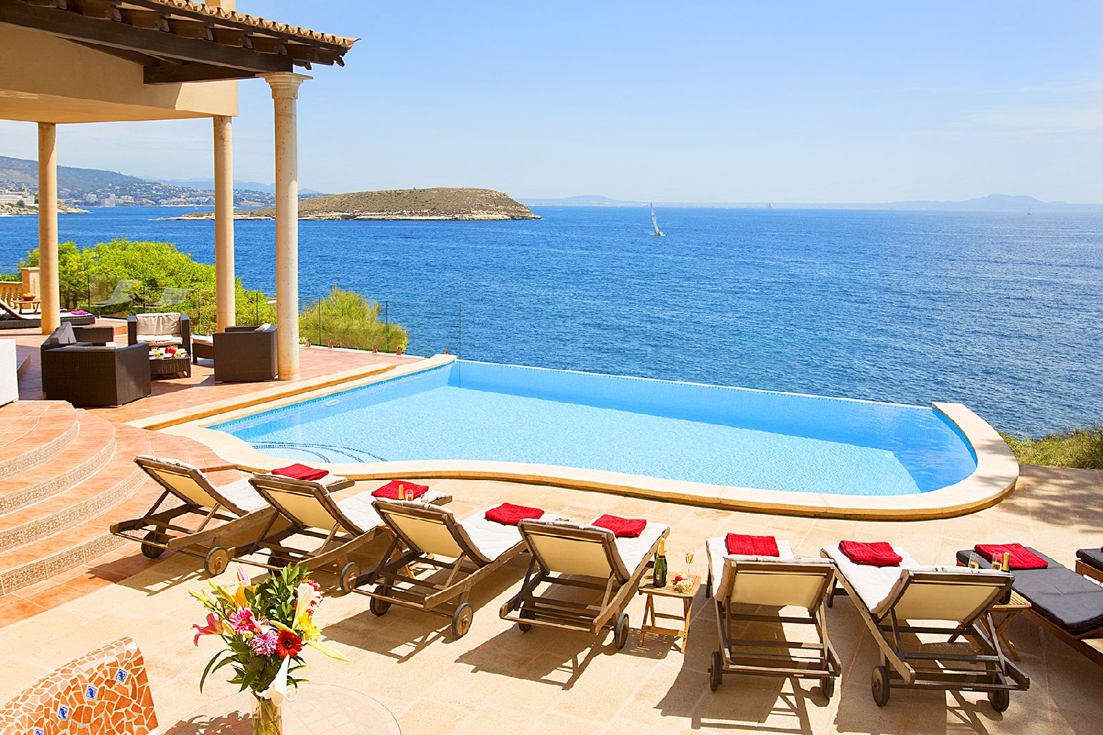 Swimming pool and sea views at Villa Santuario in Mallorca