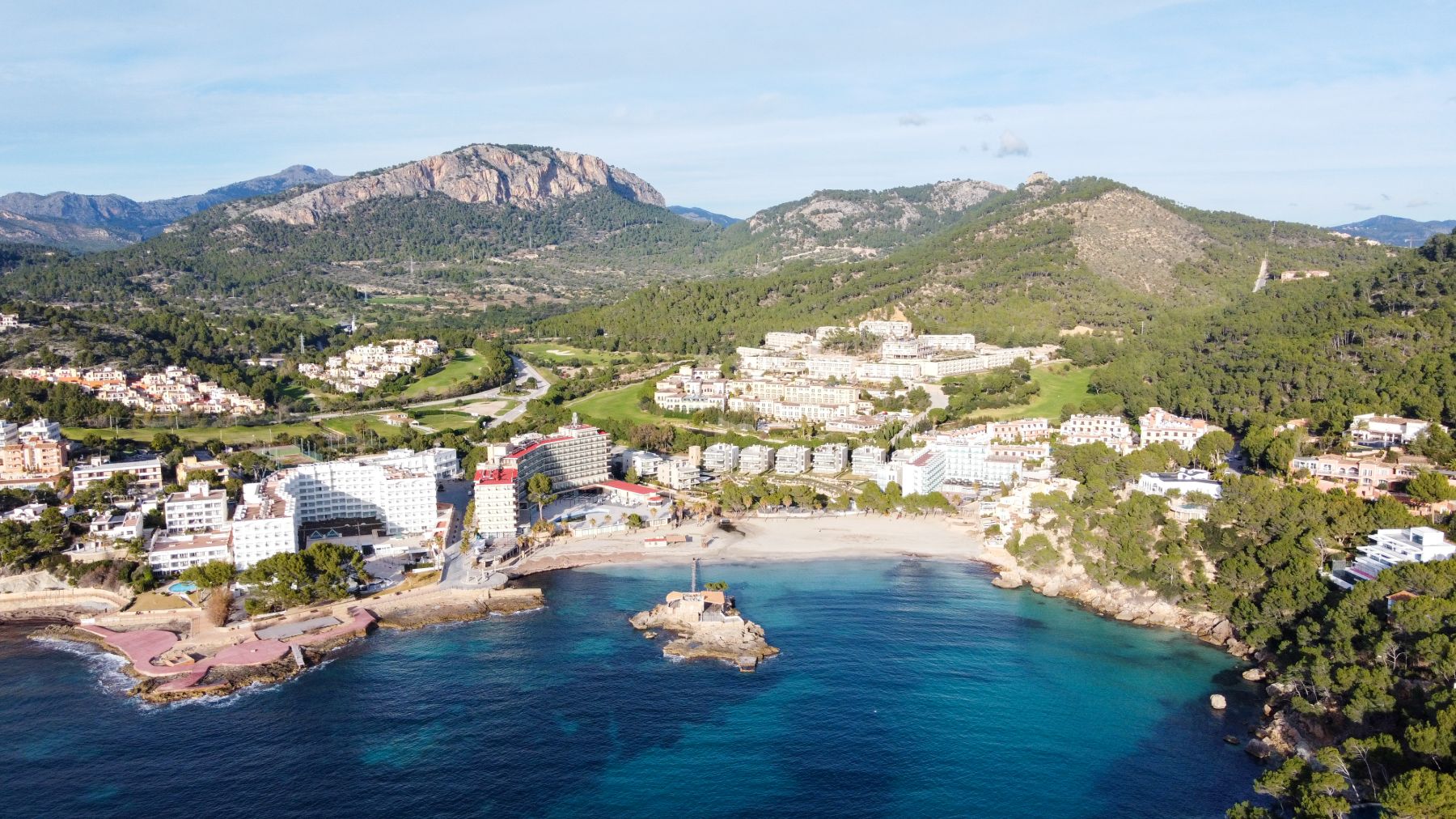 Aerial view of shops and restaurants at the Play de Camp mar beach in Mallorca