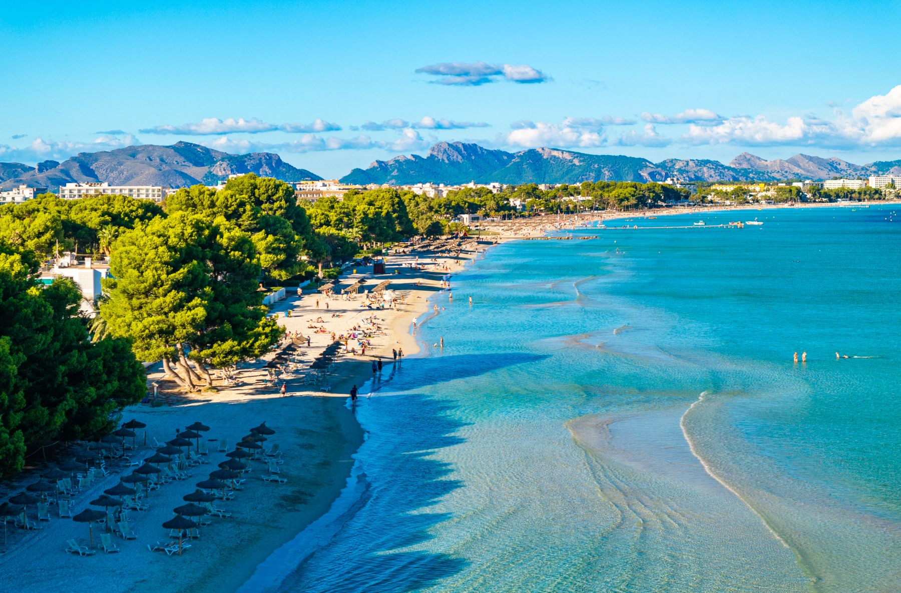 Aerial view of loungers on the Playa de Muro beach on Mallorca's eastern coast