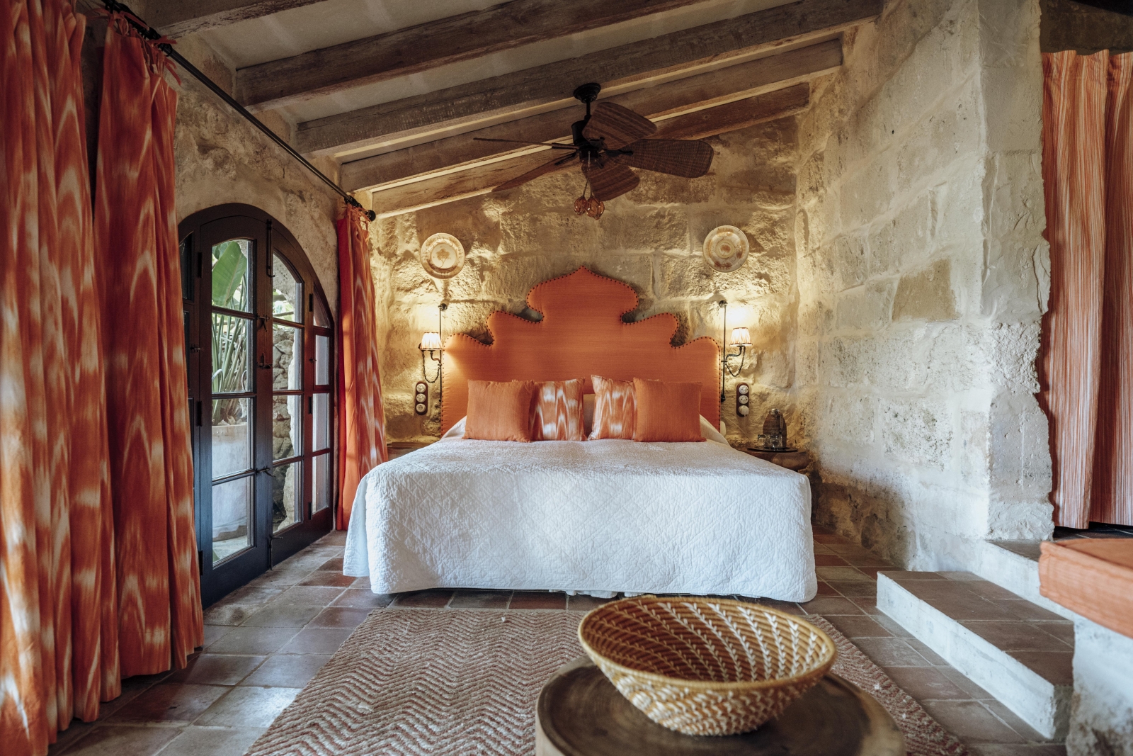 double bedroom with views over the terrace at Menorcan luxury villa Binicalaf