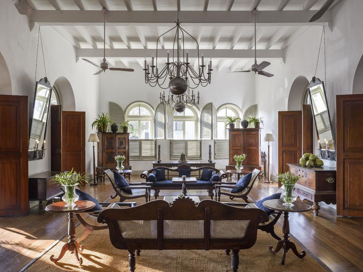 Large lounge area at Amangalla in Galle, Sri Lanka