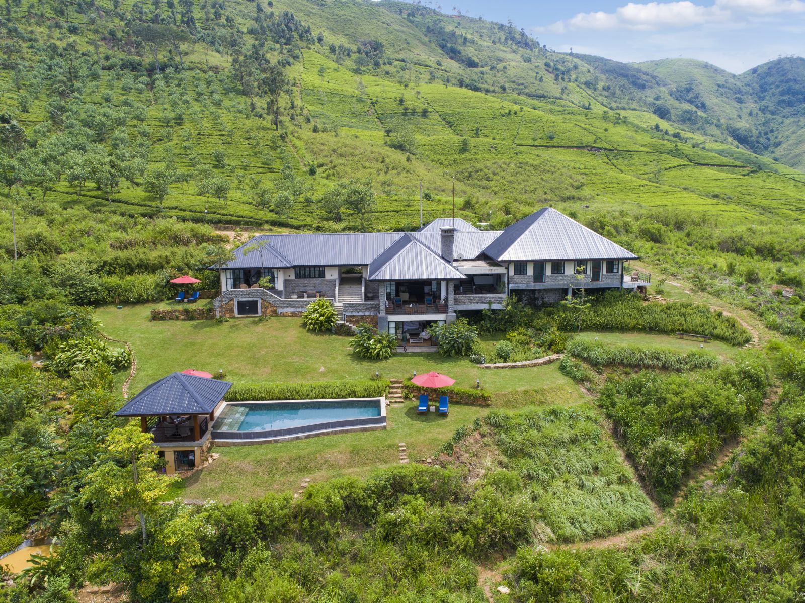 A aerial view of Camelia Hill tea bungalow in Sri Lanka set among tea plantations with mountains in the background
