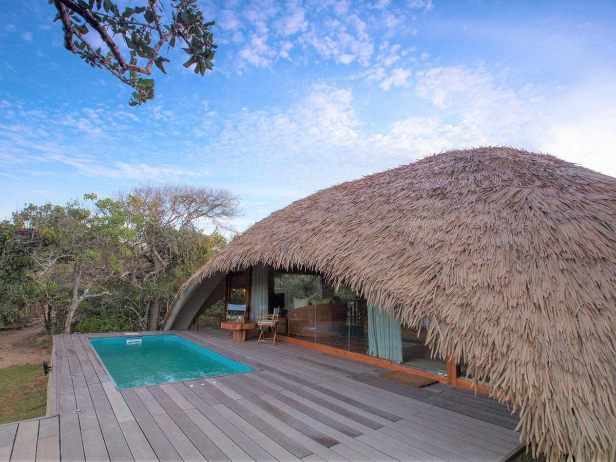 Exterior rear view of Chena Huts in Yala National Park in Sri Lanka