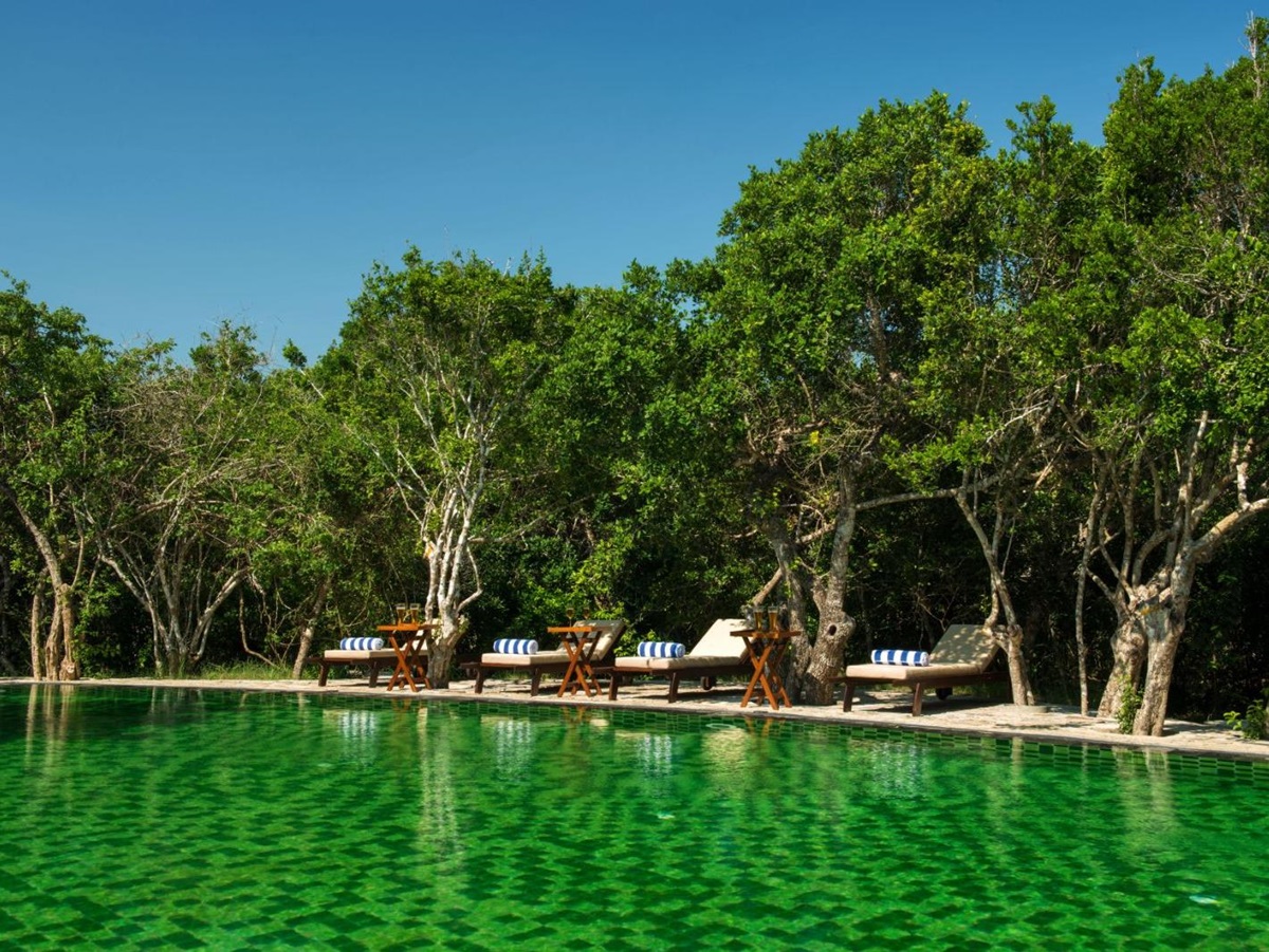 Poolside and sunbeds at Chena Huts in Yala National Park in Sri Lanka