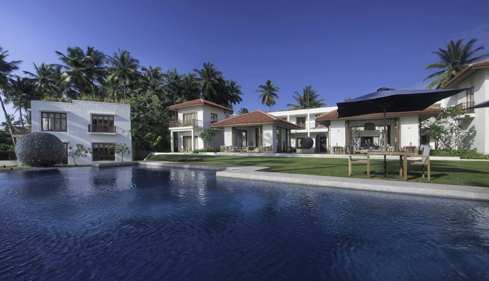 Pool and exterior of Kumu Beach on the south coast of Sri Lanka