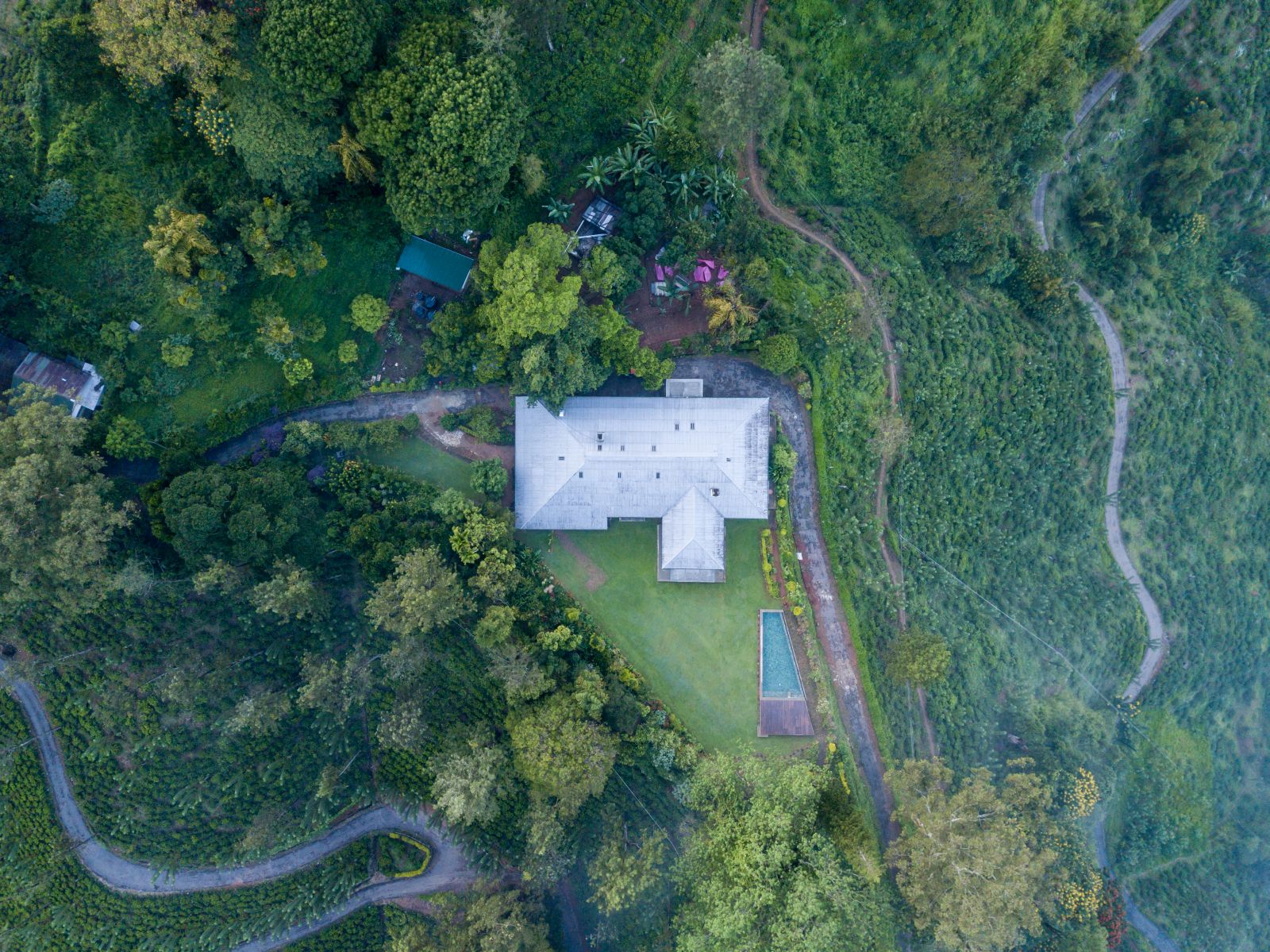 An aerial view of Nine Skies, a stylishly refurbished five-bedroom tea bungalow hotel in Sri Lanka