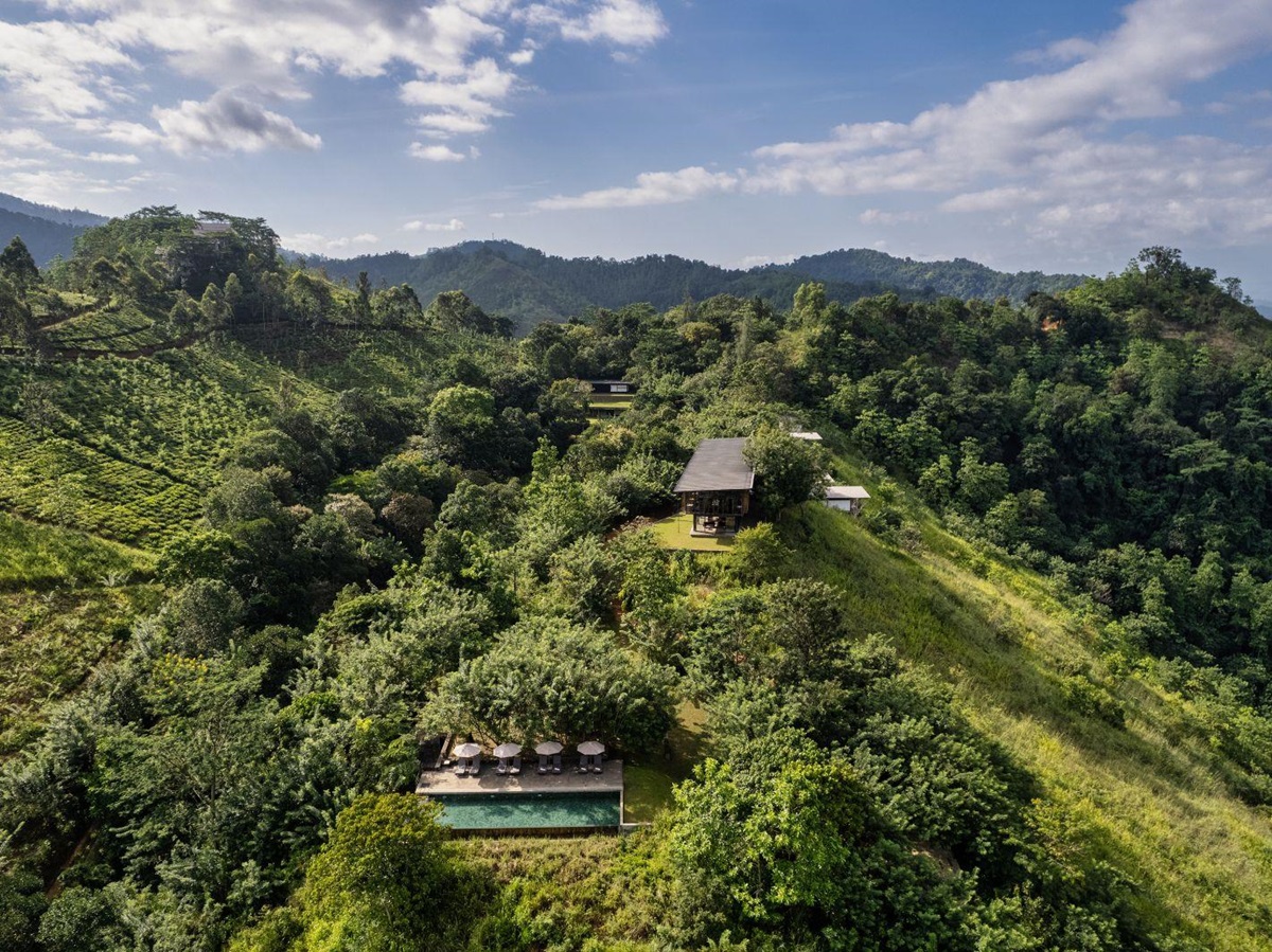 Aerial view of the swimming pool and restaurant at Santani Wellness Resort in Sri Lanka
