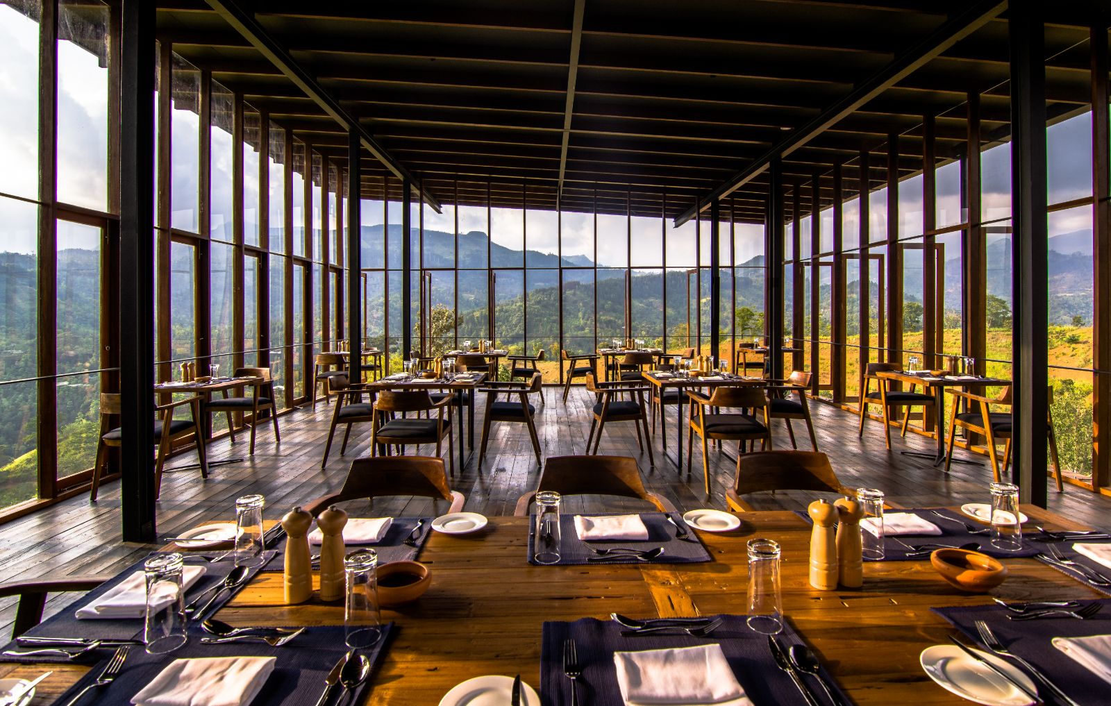 Interior and panoramic views from the restaurant at Santani Wellness Resort in Sri Lanka