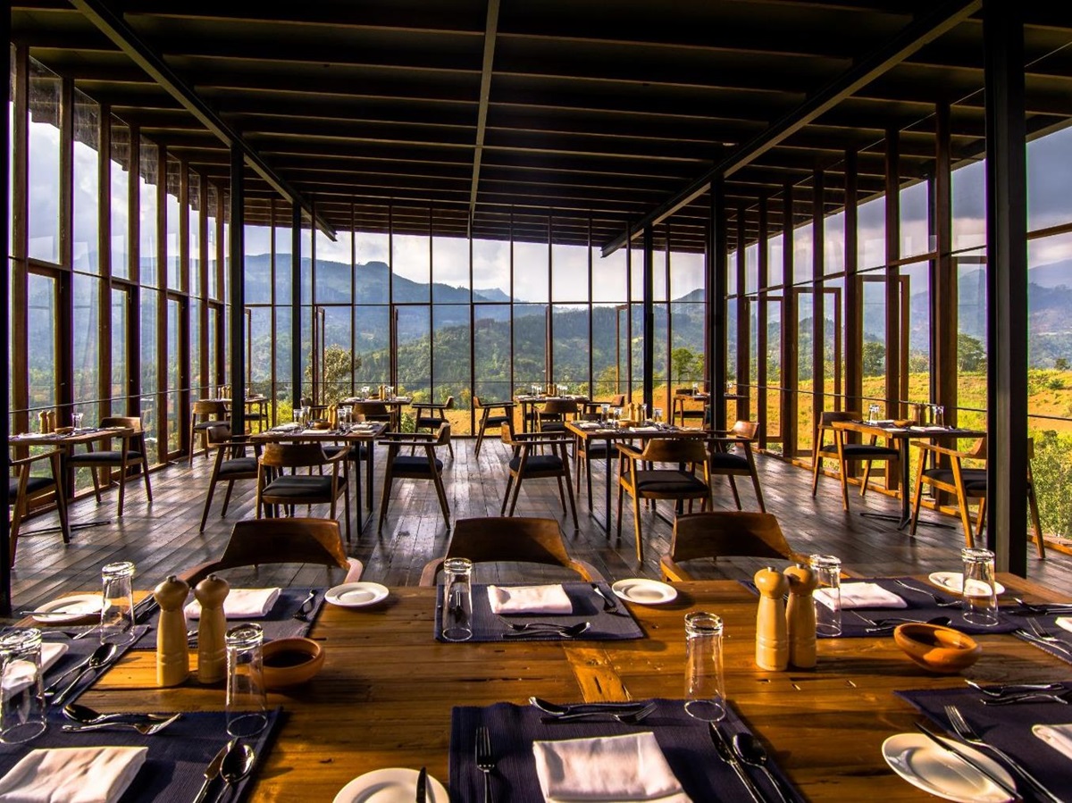 Interior and panoramic views from the restaurant at Santani Wellness Resort in Sri Lanka