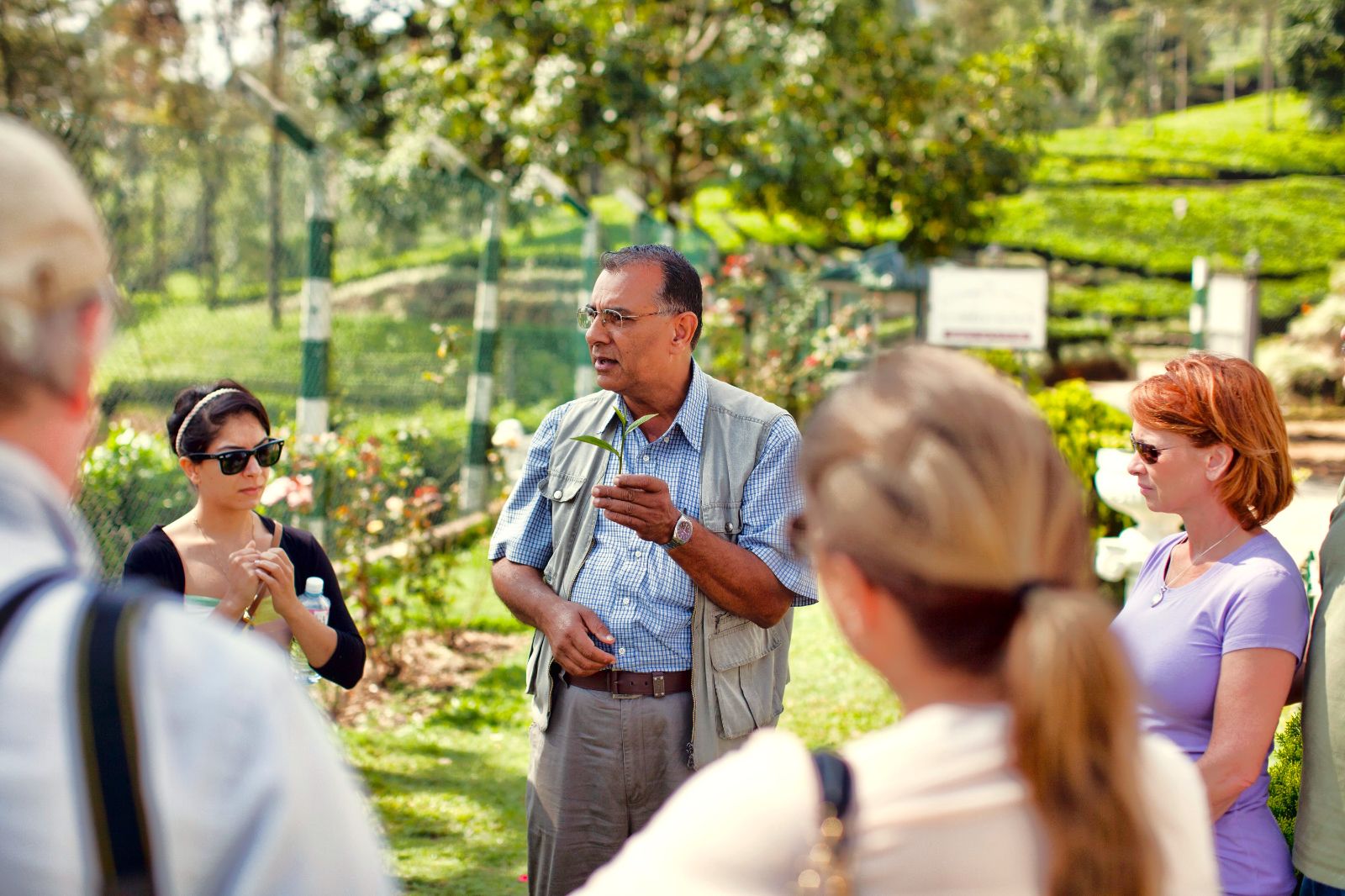 A tea lesson on the grounds of Ceylon Tea Trails in Sri Lanka's Tea Country