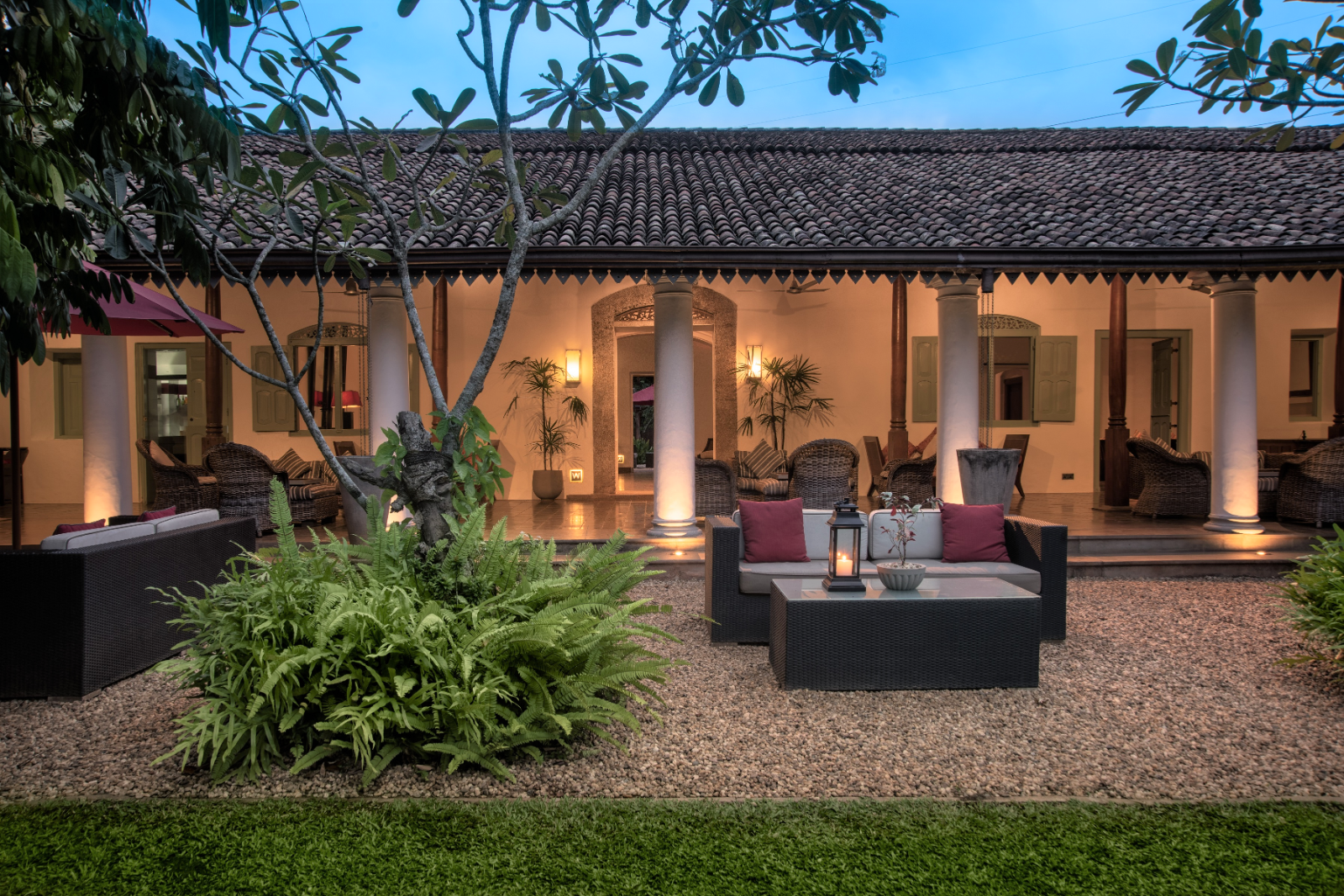 Long shot of outside seating area at The Wallawwa in Sri Lanka