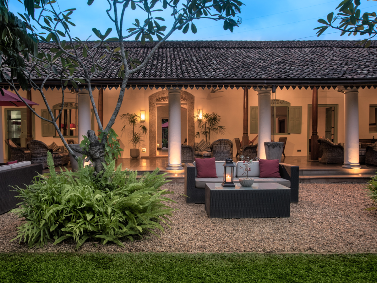 Long shot of outside seating area at The Wallawwa in Sri Lanka
