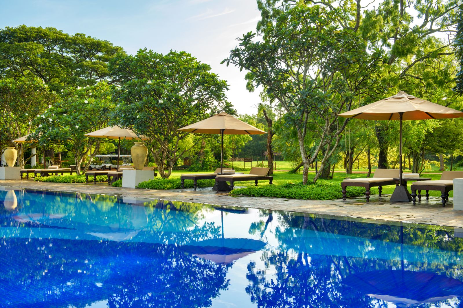 Poolside sunbeds at Uga Ulagalla in the Anuradhapura region of Sri Lanka