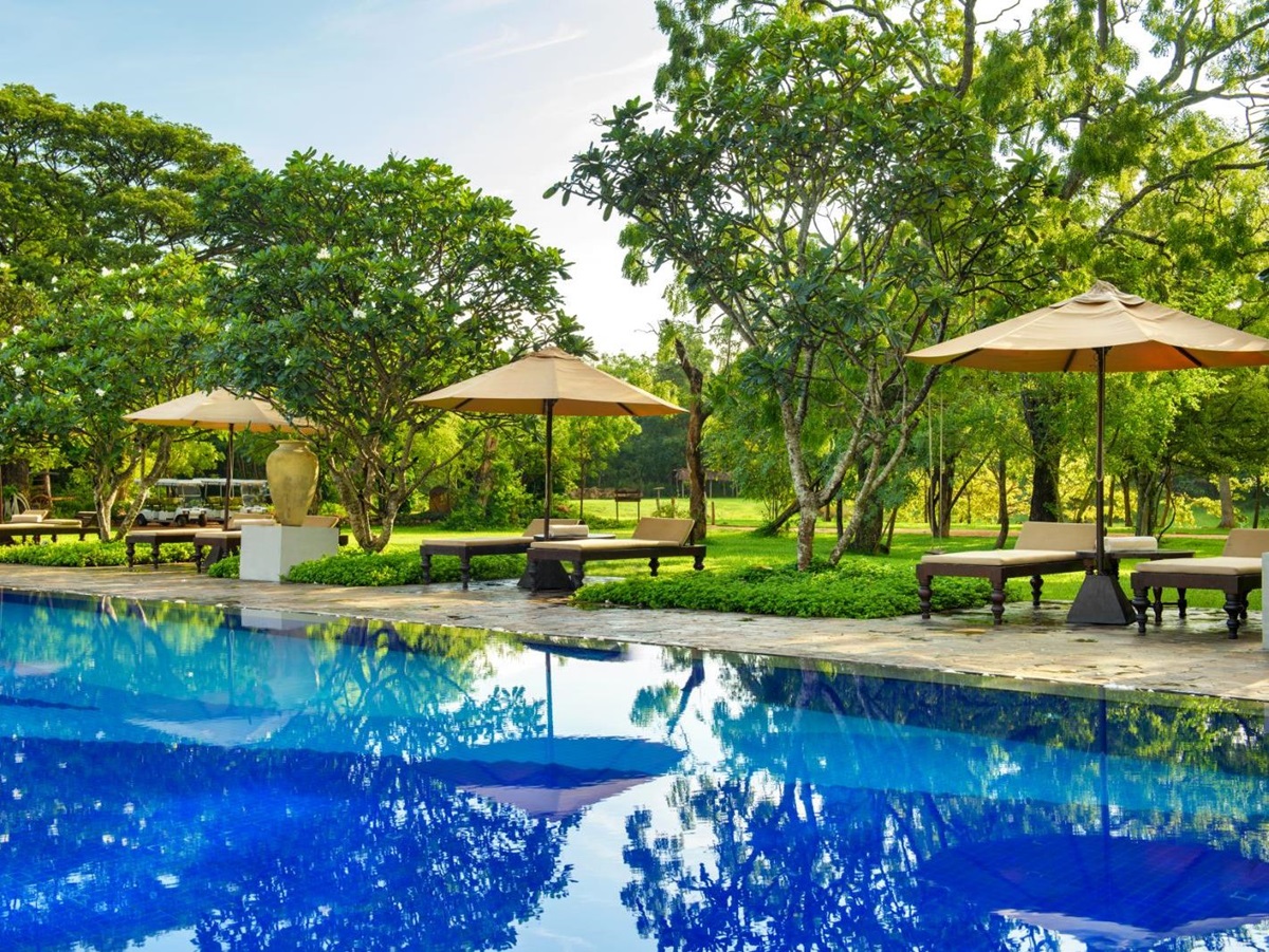 Poolside sunbeds at Uga Ulagalla in the Anuradhapura region of Sri Lanka