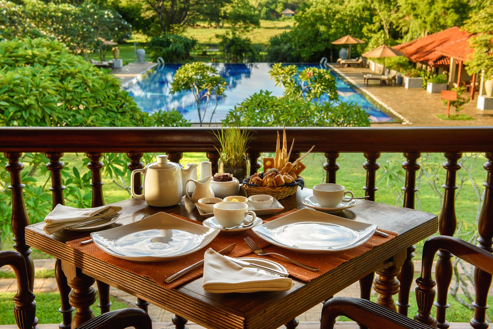 Ulagalla restaurant with pool view at Uga Ulagalla in the Anuradhapura region of Sri Lanka