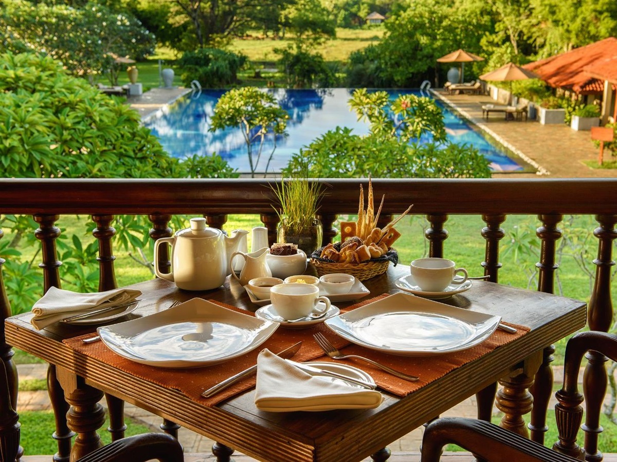 Ulagalla restaurant with pool view at Uga Ulagalla in the Anuradhapura region of Sri Lanka