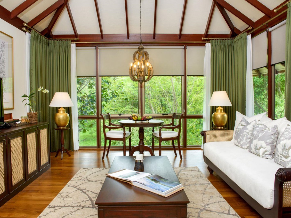 Ulagalla villa lounge at Uga Ulagalla in the Anuradhapura region of Sri Lanka