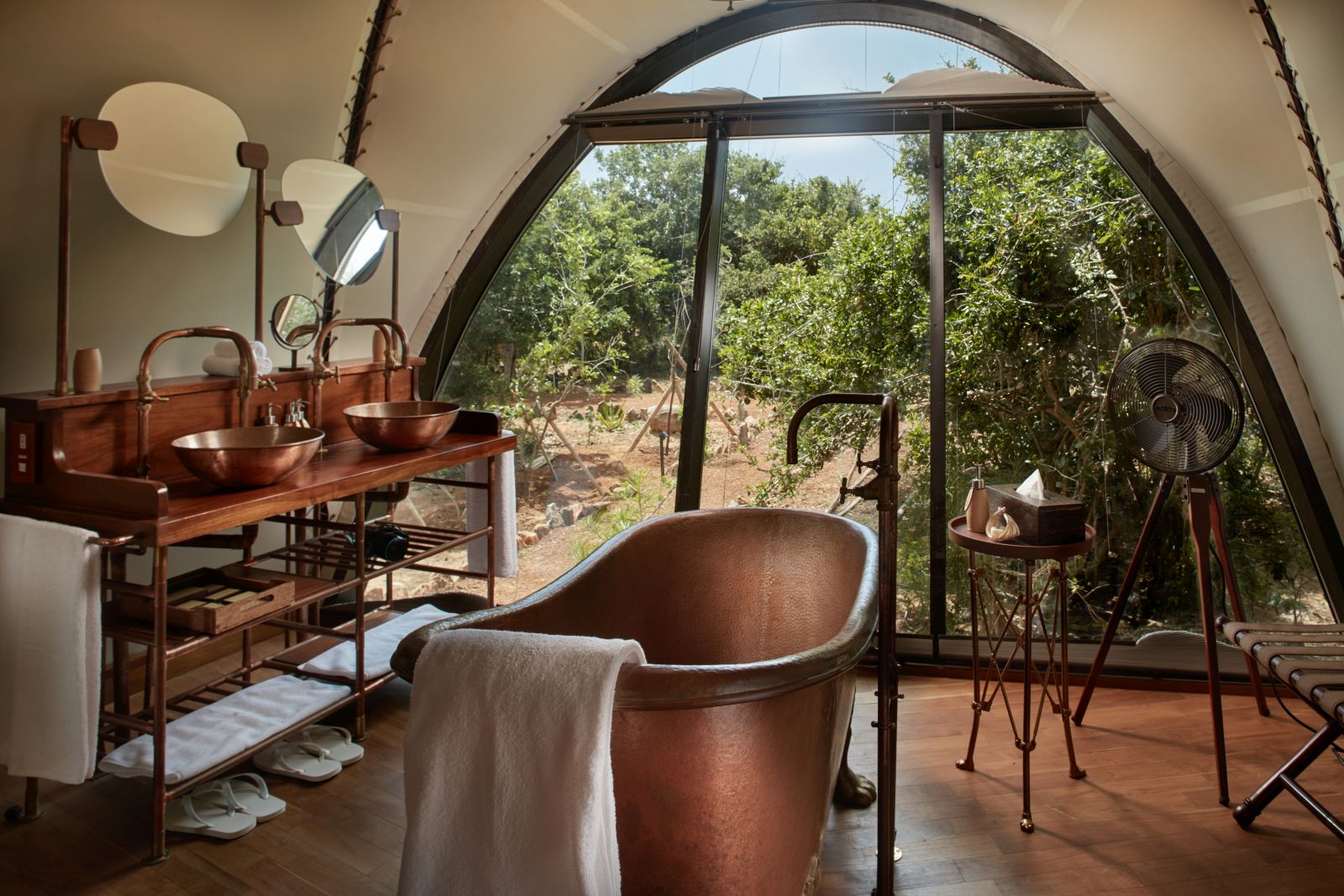 Copper bath tub in guest cocoon at Wild Coast Tented Lodge Sri Lanka
