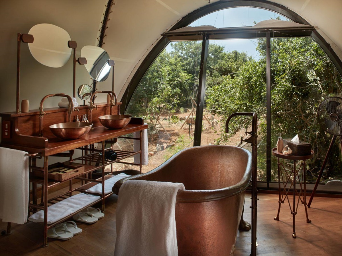 Copper bath tub in guest cocoon at Wild Coast Tented Lodge Sri Lanka