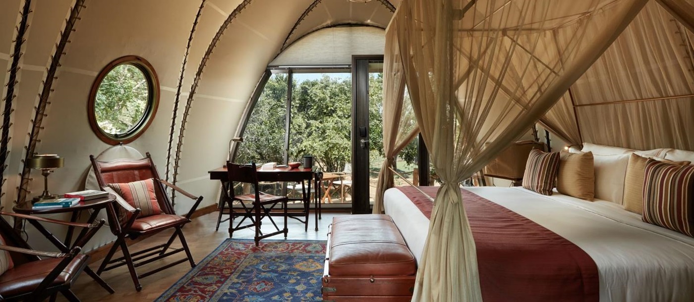 Inside a guest cocoon at Wild Coast Tented Lodge Sri Lanka