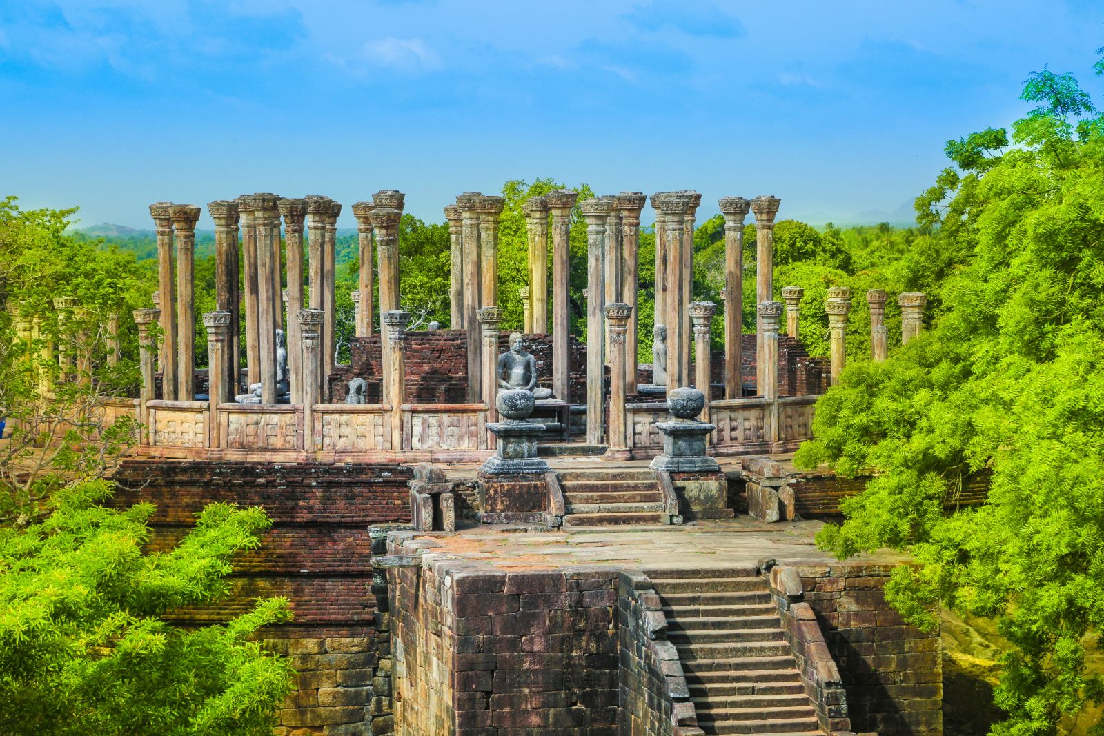 Temple complex with towering columns at Polonnaruwa in Sri Lanka