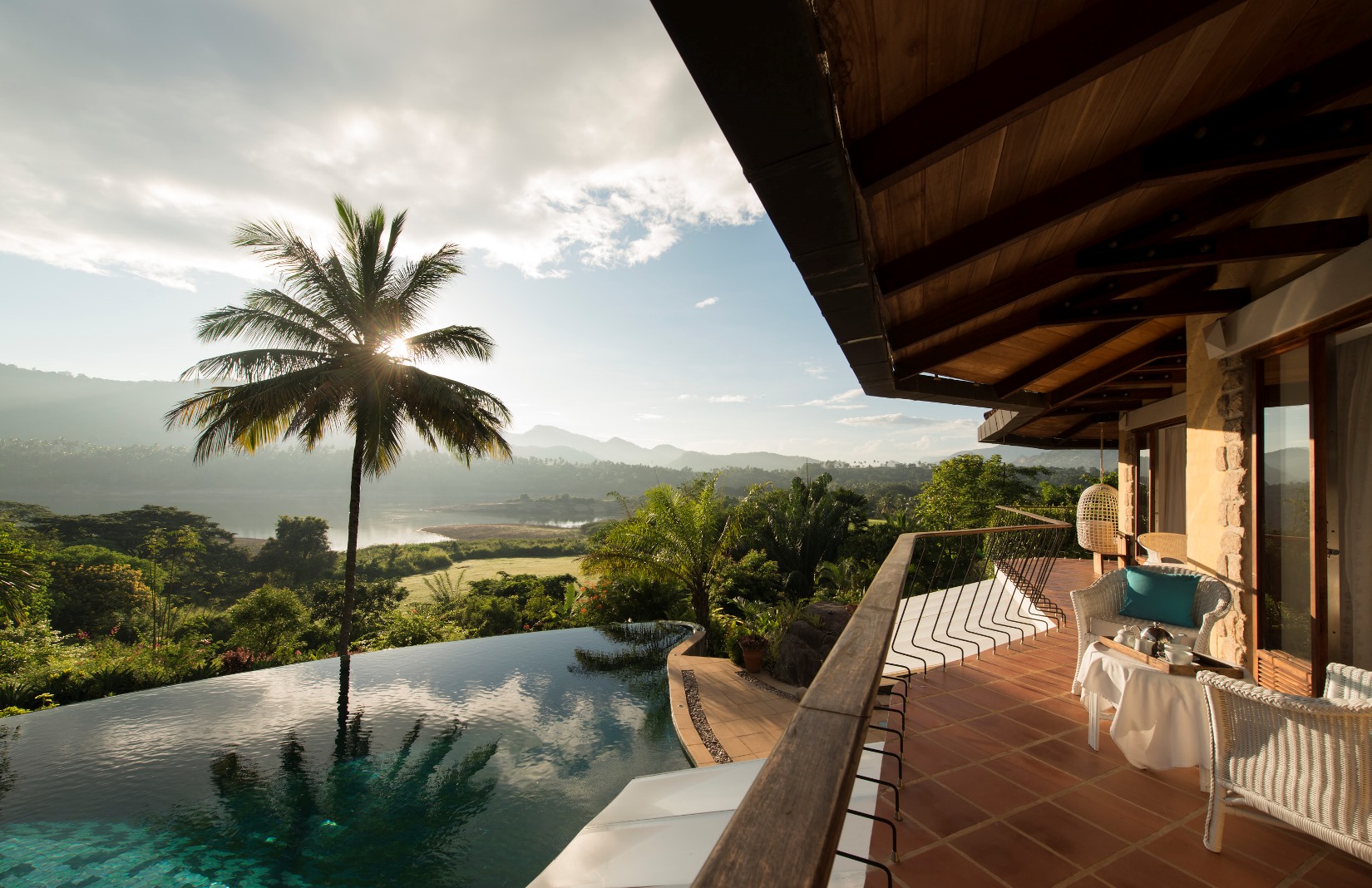 view over the swimming pool of bougainvillea, sri lanka