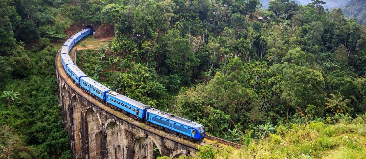 Train going over the Nine Arch Bridge towards Kandy
