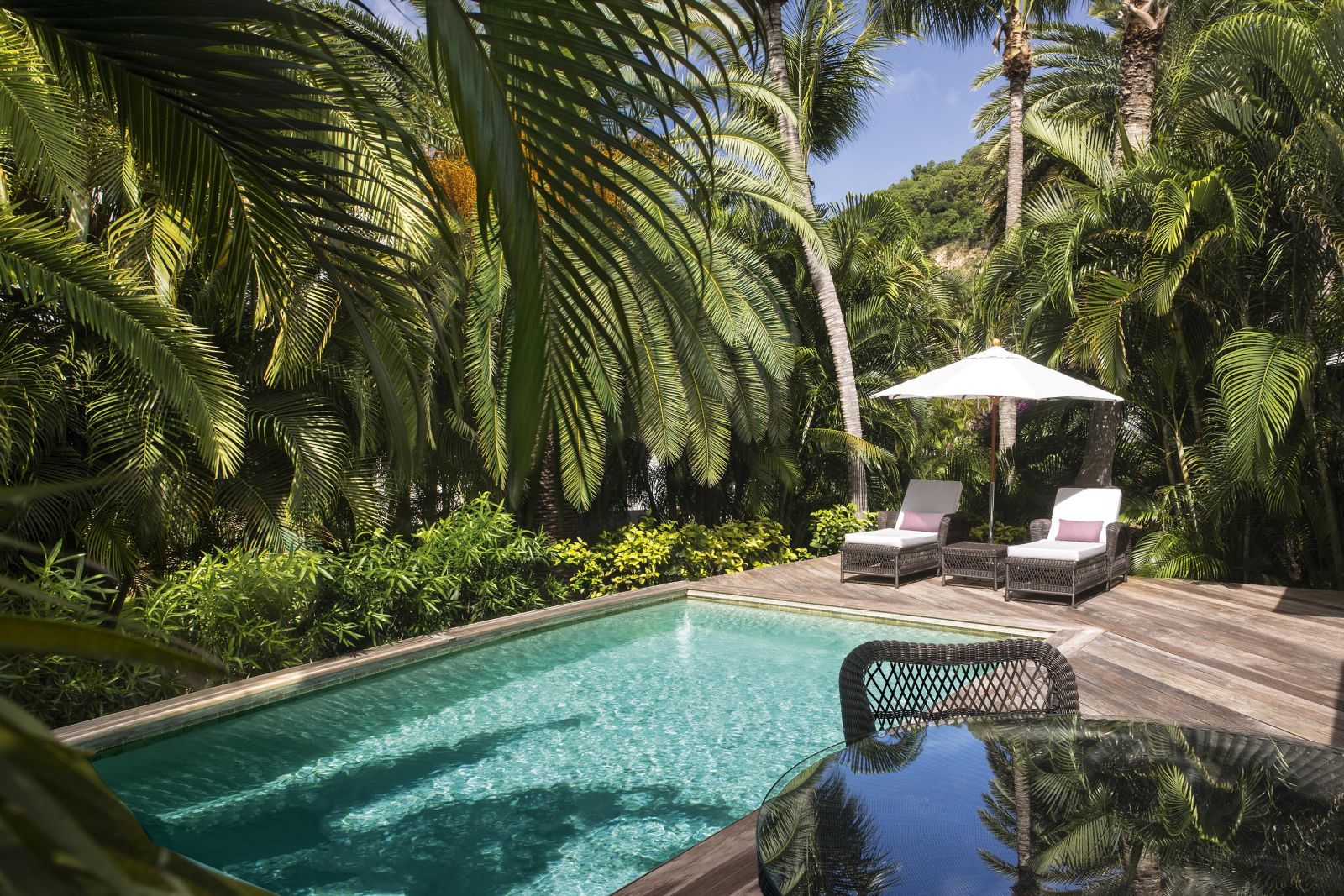 A private pool at a suite at Hotel Cheval Blanc in St Barths surrounded by tropical gardens