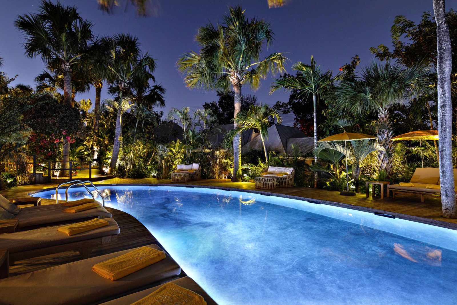 The pool lit up at night time at  Villa Marie in St Barths