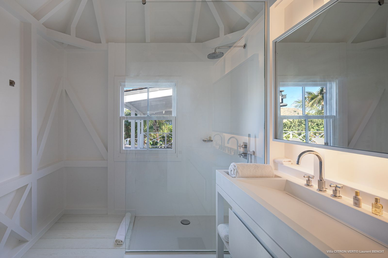 White bathroom and shower at Villa La Palma in St Barths