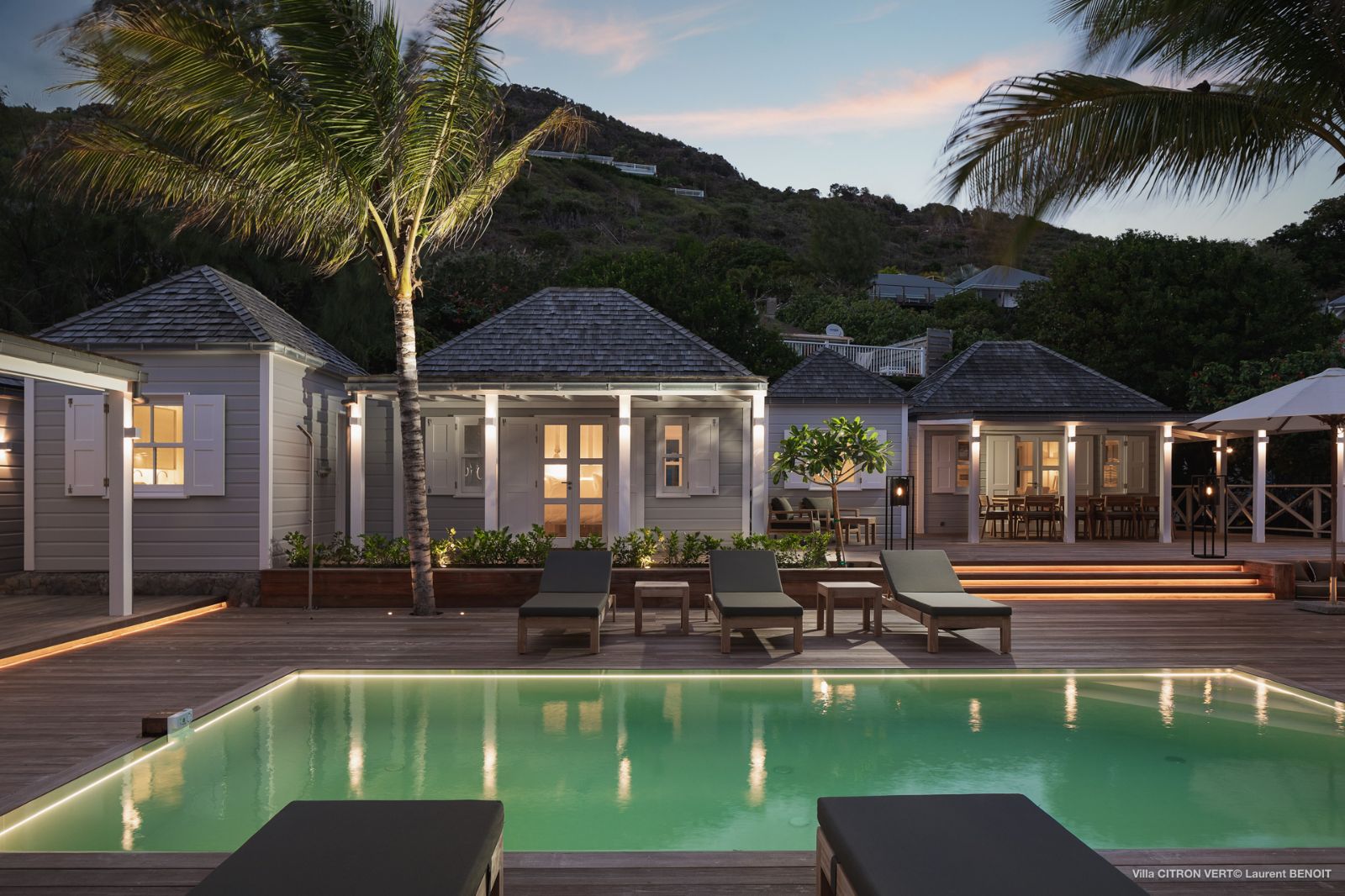 Villa La Palma in St Barths - floodlit pool and villa at dusk