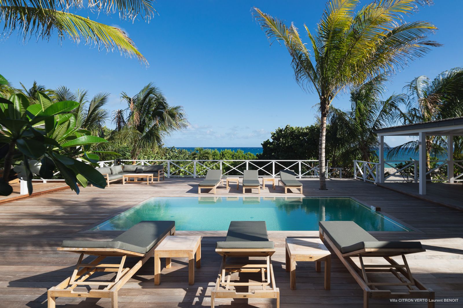 Pool and sundeck with sunloungers at Villa La Palma in St Barths