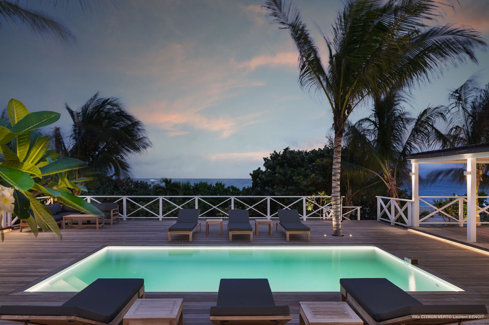 Floodlit pool and palm trees  at Villa La Palma in St Barths